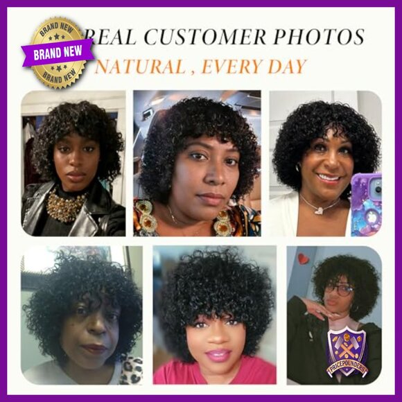 Short Curly Human Hair Wig with Bangs 200% Density Glueless No Lace - Picture 2 of 6